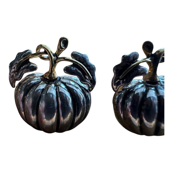 Vintage Pumpkin Earrings Gold Silver Two Tone Leaf Fall Autumn Best Posts Signed - Picture 10 of 10